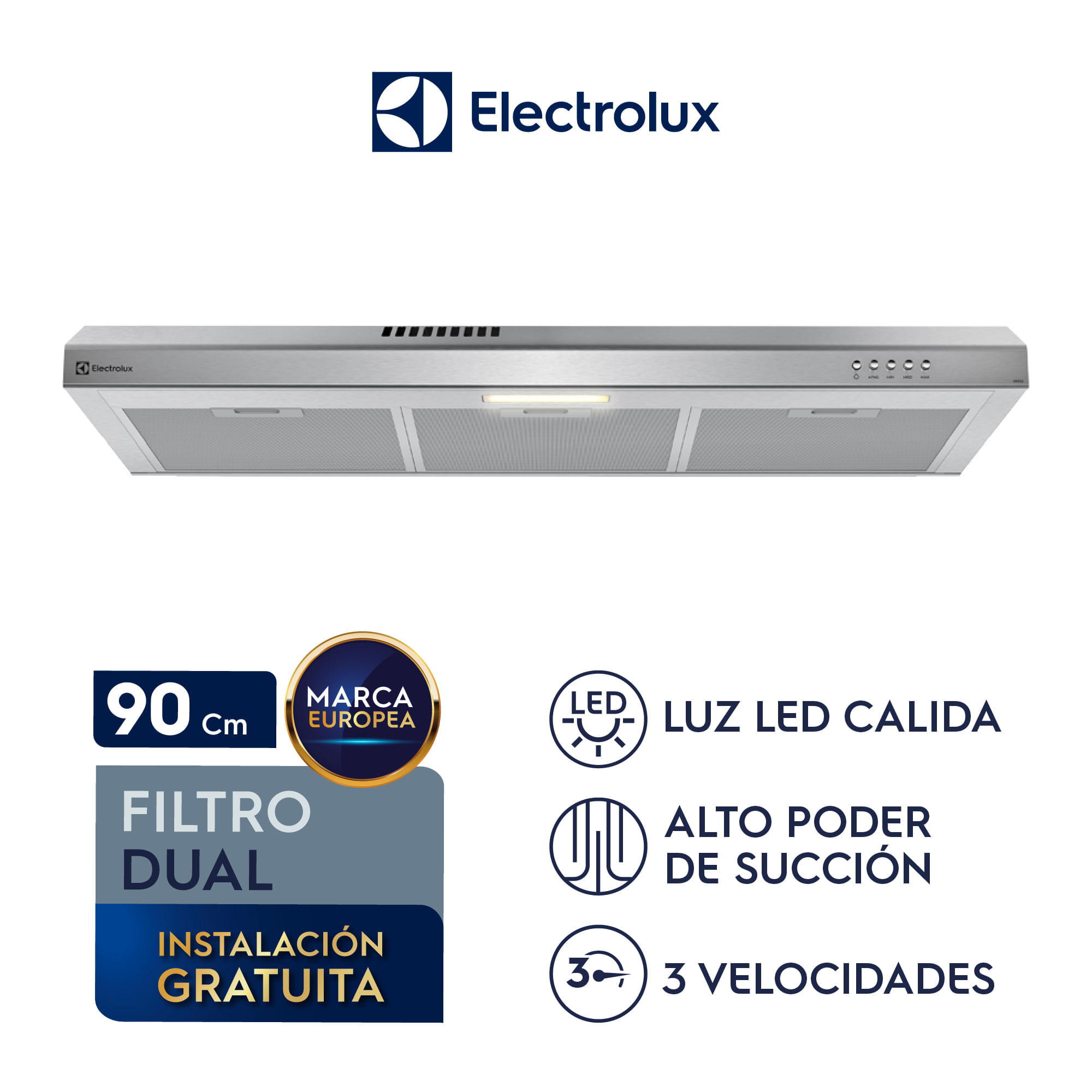 Imagen 2 del producto Campana extractora Electrolux DE9SS, 90 cm, 3 velocidades, iluminación LED, inox