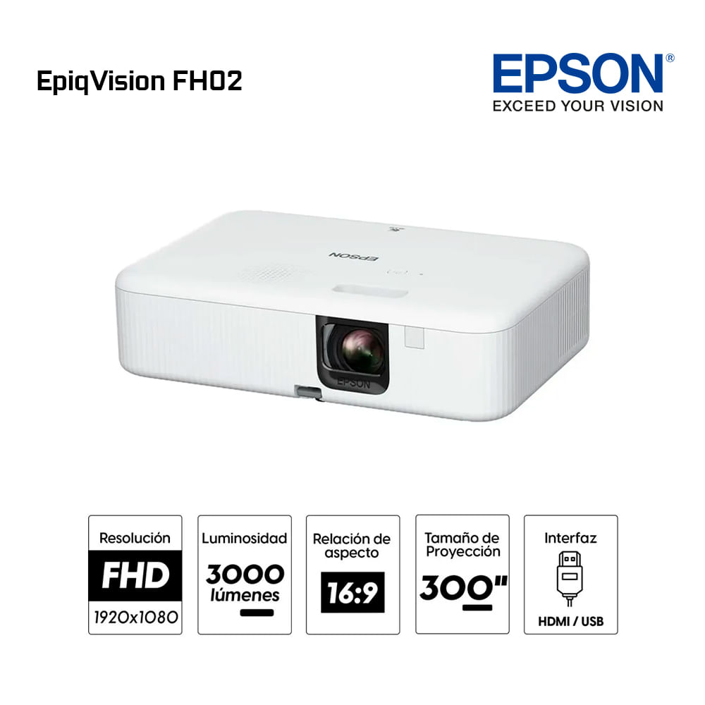 Imagen 2 del producto Proyector portátil Epson EpiqVision FH02, Full HD, hasta 300"", Wi-Fi, puertos USB/HDMI, blanco