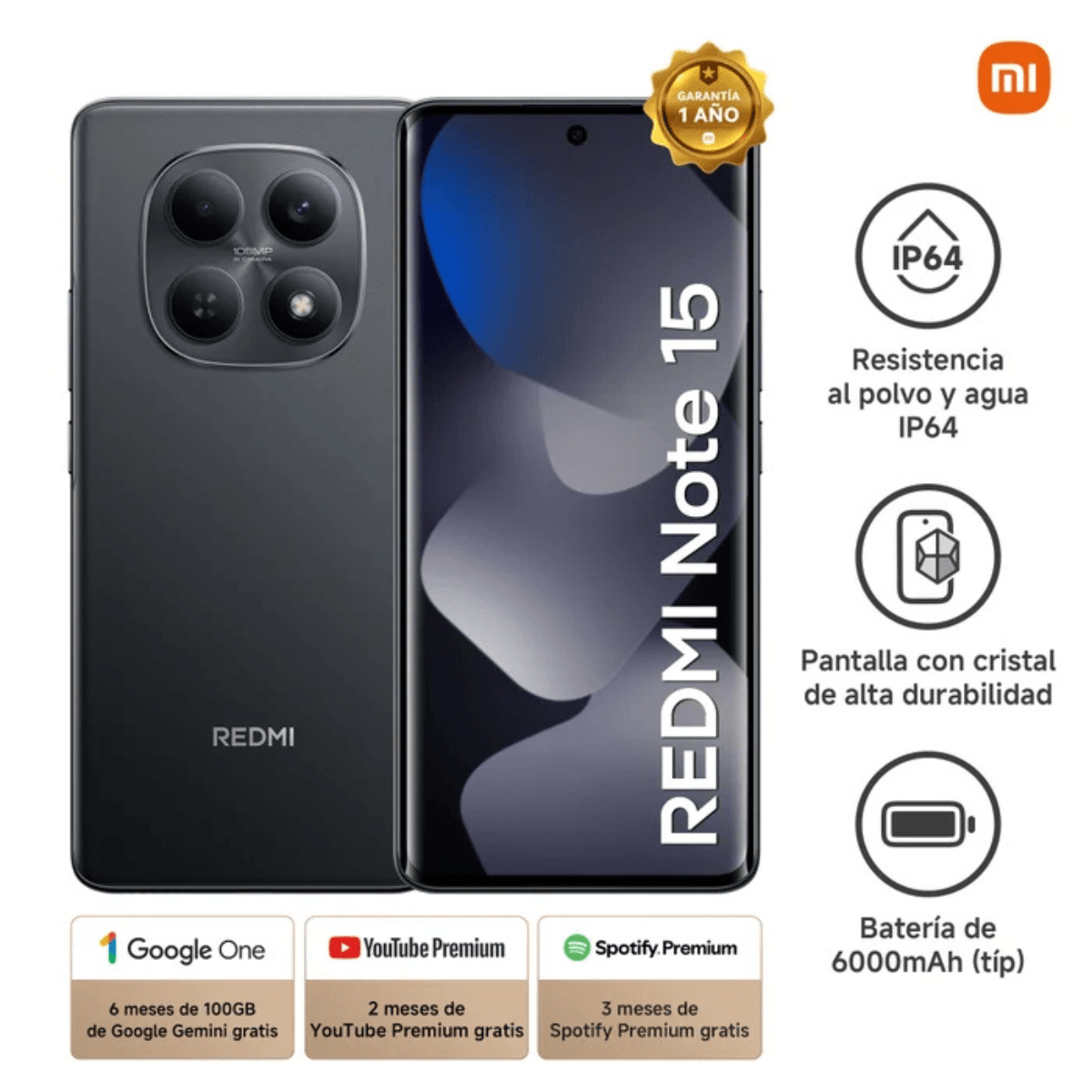 Imagen 2 del producto Celular Xiaomi Redmi Note 15 5G 256GB, 8GB RAM, cámara trasera 108MP y frontal 16MP, 6.67"", negro