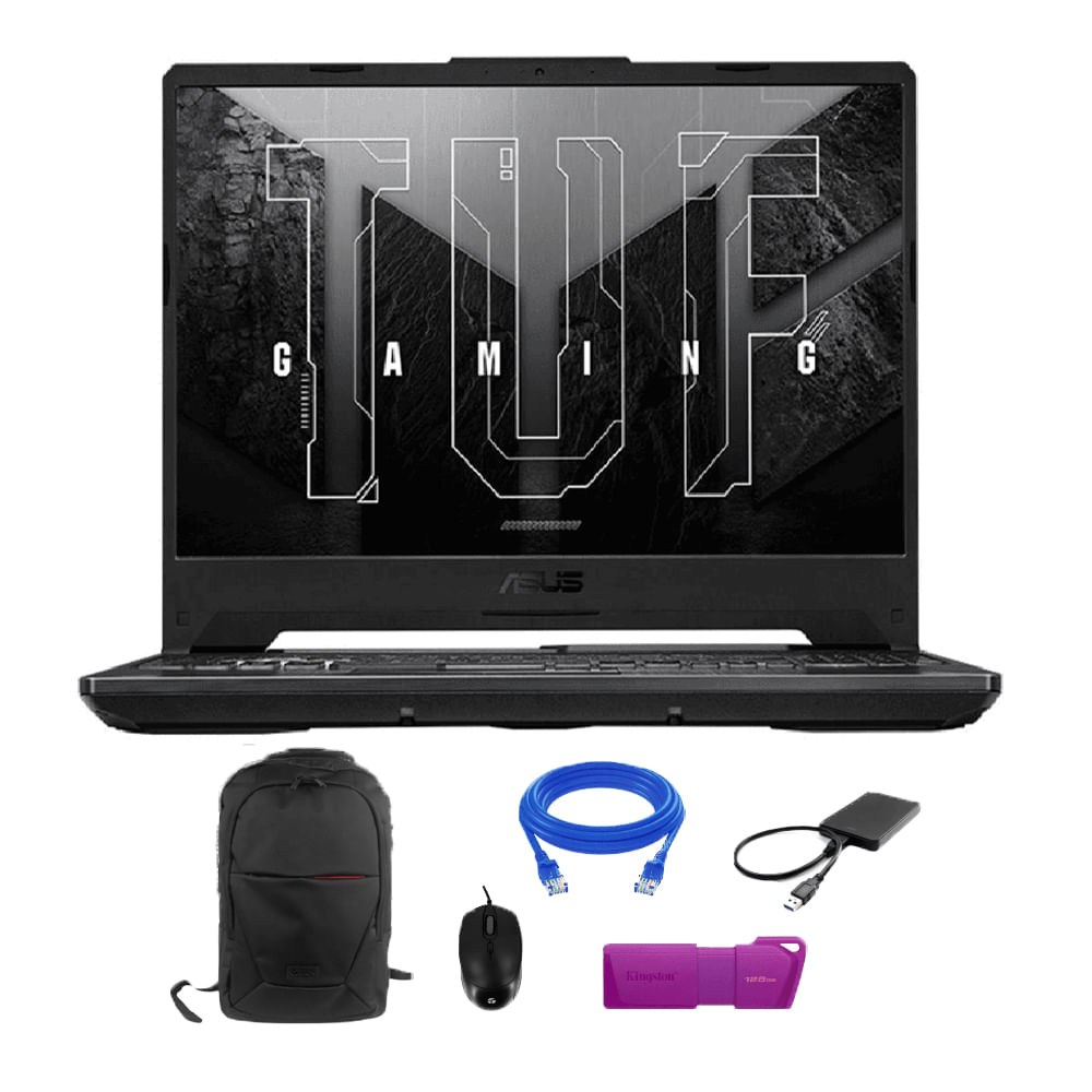 Imagen 1 del producto Laptop gamer Asus TUF GAMING A15 15.6"" AMD Ryzen 7, 512GB SSD, 16GB RAM, RTX 3050, Win11 Pro, graphite black + Mochila + Mouse + USB 128GB + Cable red