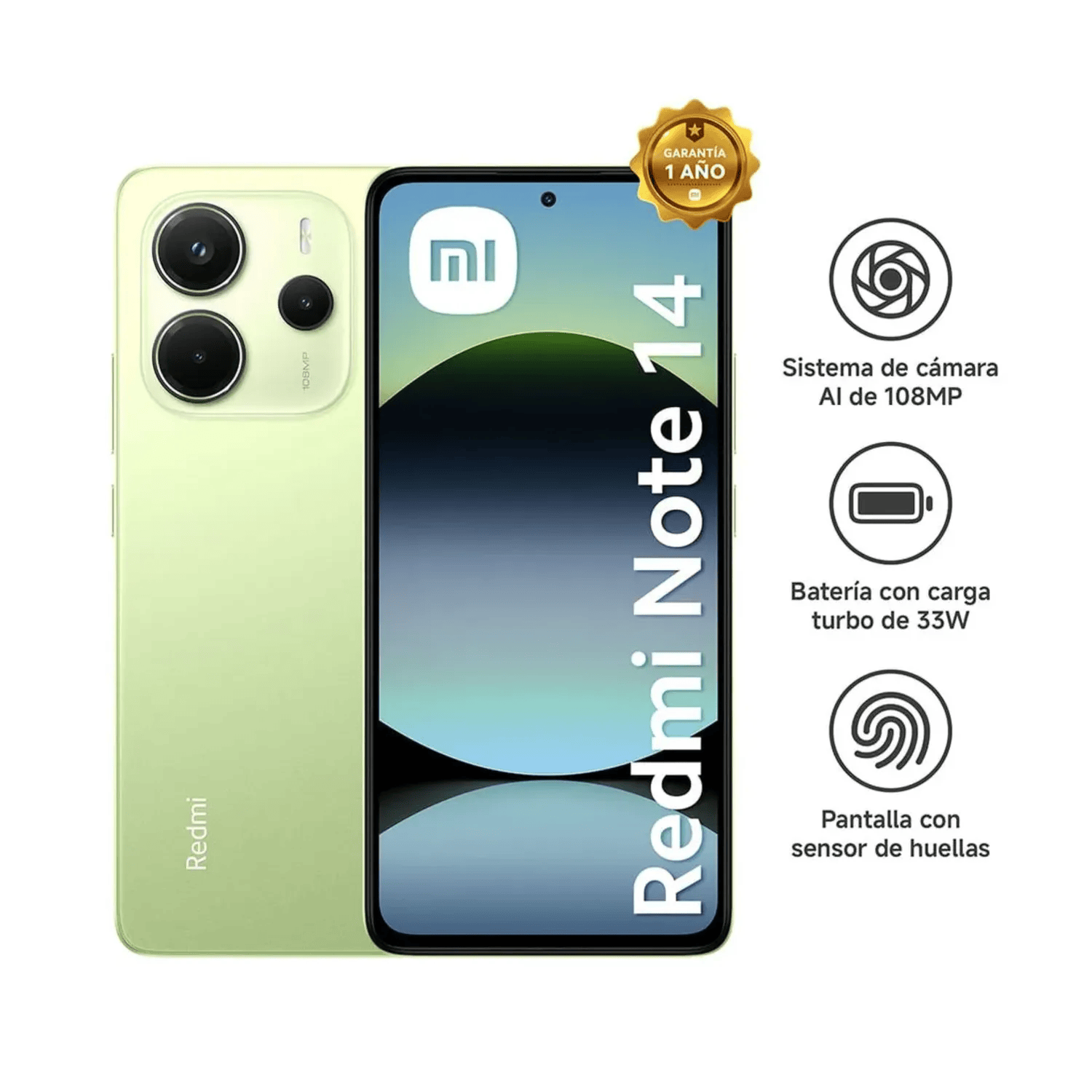 Imagen 2 del producto Celular Xiaomi Redmi Note 14 4G 128GB, 6GB, cámara trasera 108MP y frontal 20MP, 6.67"", verde