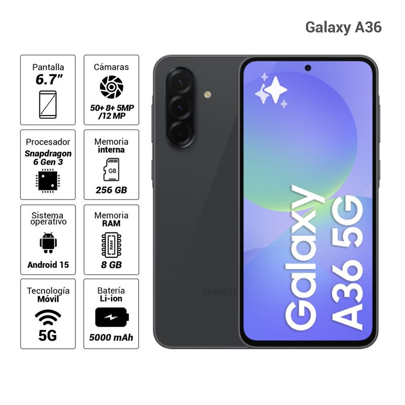 Imagen 2 del producto Celular Samsung Galaxy A36 5G 256GB, 8GB, cámara trasera 50MP y frontal 12MP, 6.7"", negro