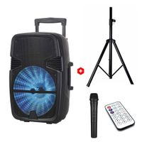 Parlante disco Bluetooth Decibel 15 pulgadas, 80W, FM, USB, TF, micrófono, control remoto y trípode (reempacado)