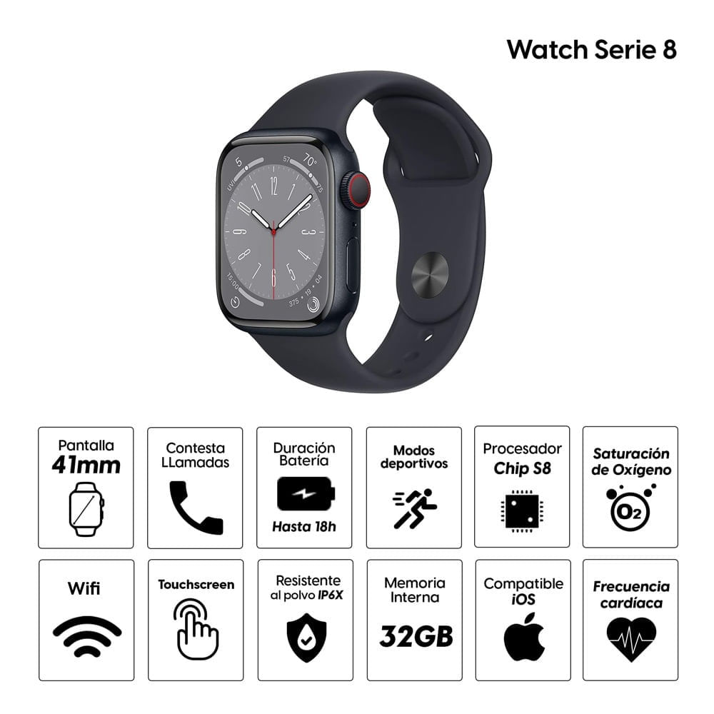 Imagen 2 del producto Reacondicionado: Apple Watch Series 8 GPS 41mm, memoria 32GB, certificación IP6X, máx. 18 horas, negro