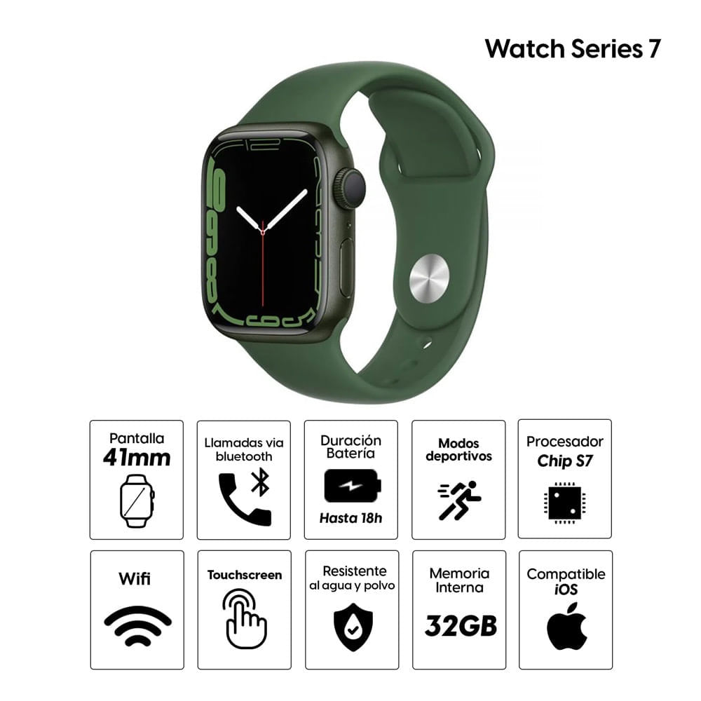 Imagen 2 del producto Reacondicionado: Smartwatch Apple Watch Series 7 gps, resistente al agua, modos deportivos, máx. 18 horas, 41mm, verde