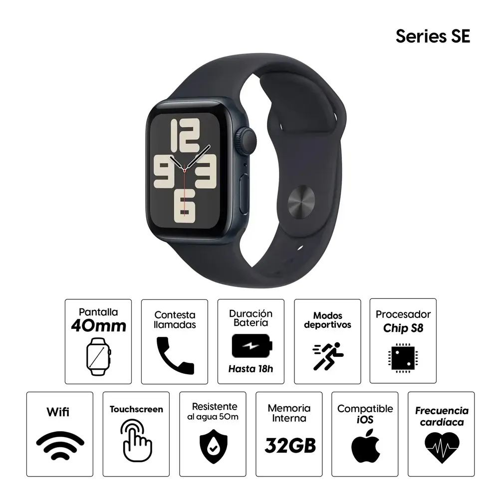 Imagen 2 del producto Reacondicionado: Smartwatch Apple Watch Series SE 40mm, GPS, resistente al agua 5ATM, modos deportivos, batería hasta 18 horas, Talla S/M, negro