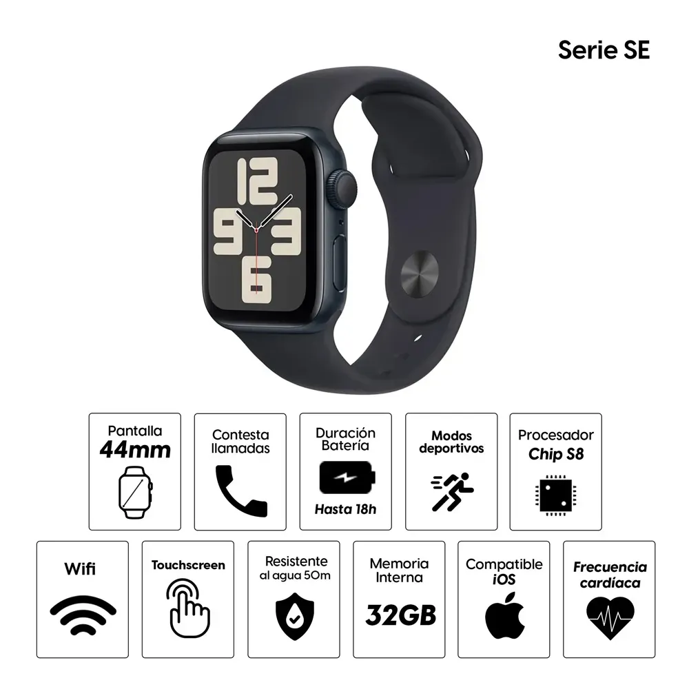 Imagen 2 del producto Reacondicionado: Smartwatch Apple Watch SE 44mm, batería hasta 18 horas, memoria 32GB, negro