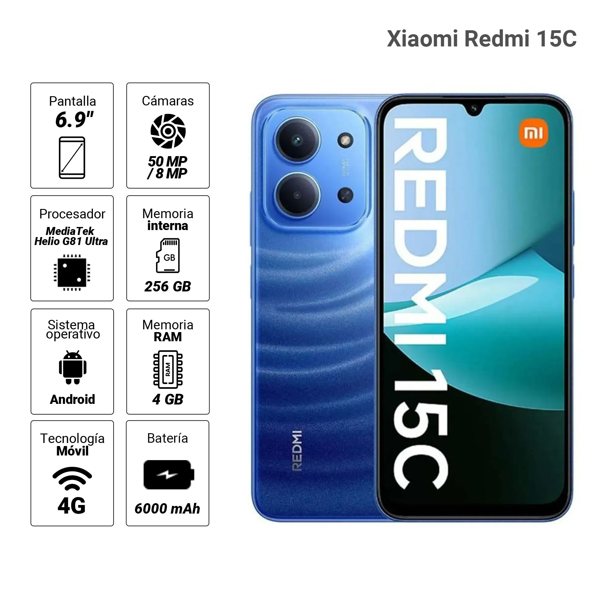 Imagen 2 del producto Reacondicionado: Celular Xiaomi Redmi 15C 256GB, 4GB RAM, cámara trasera 50MP + frontal 8MP, 6.9"", batería de larga duración, azul