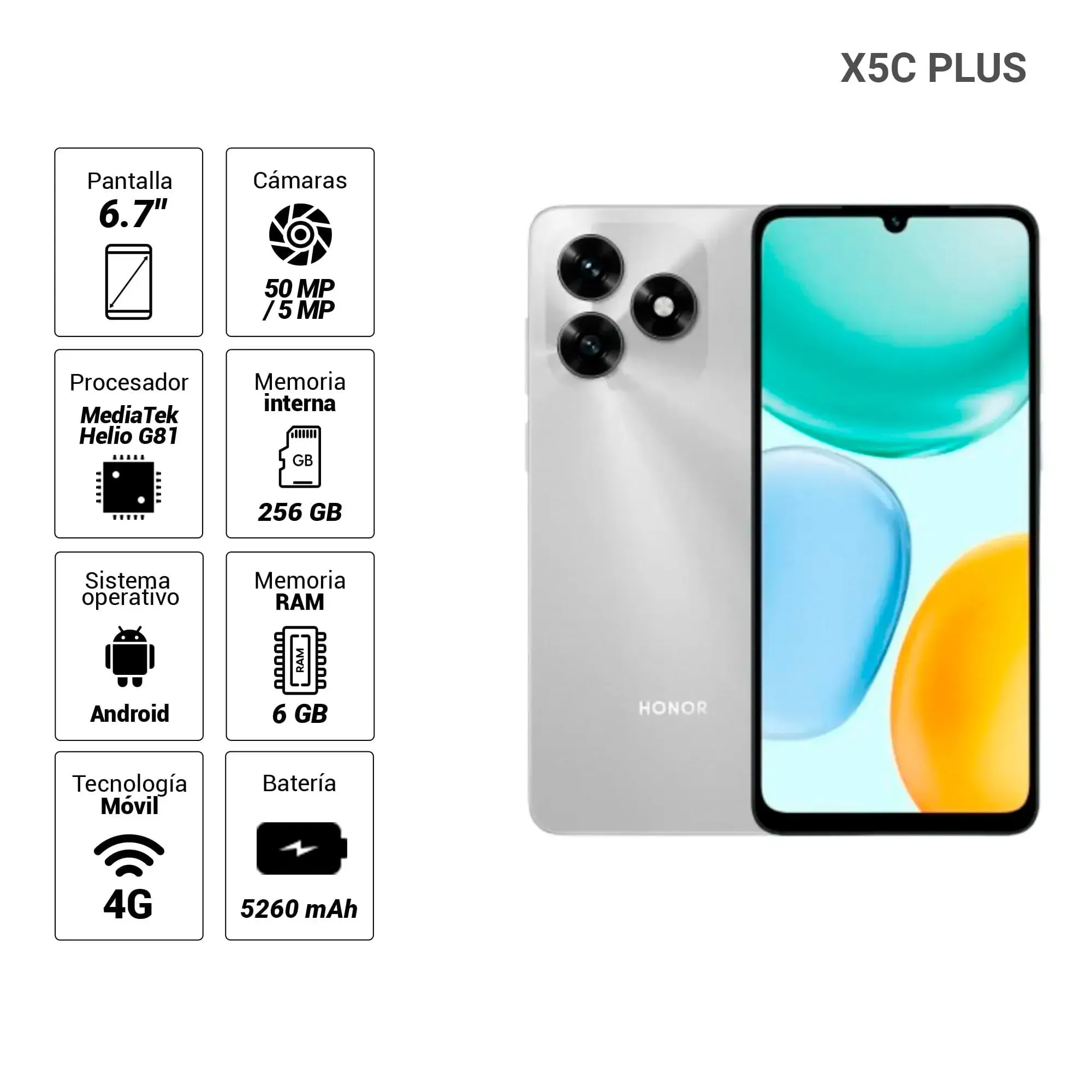 Imagen 2 del producto Reacondicionado: Celular Honor X5C Plus 4G, 256GB, 6GB RAM, cámara trasera 50MP y frontal 5MP, 6.6"", plateado