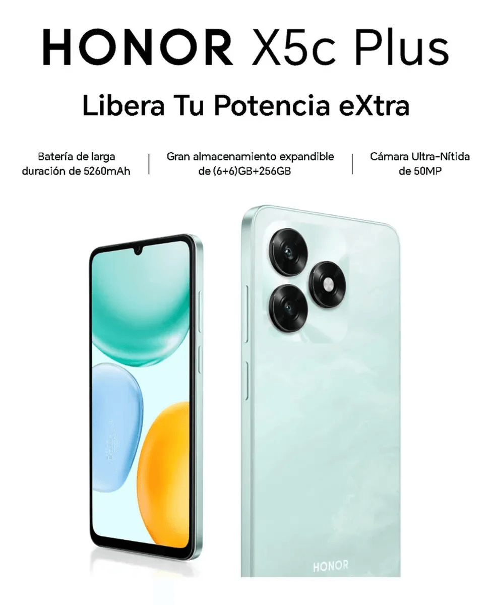 Imagen 2 del producto Celular Honor X5c Plus, 256GB, 4GB RAM, cámara trasera 50MP, frontal 5MP, 6.74"", negro medianoche