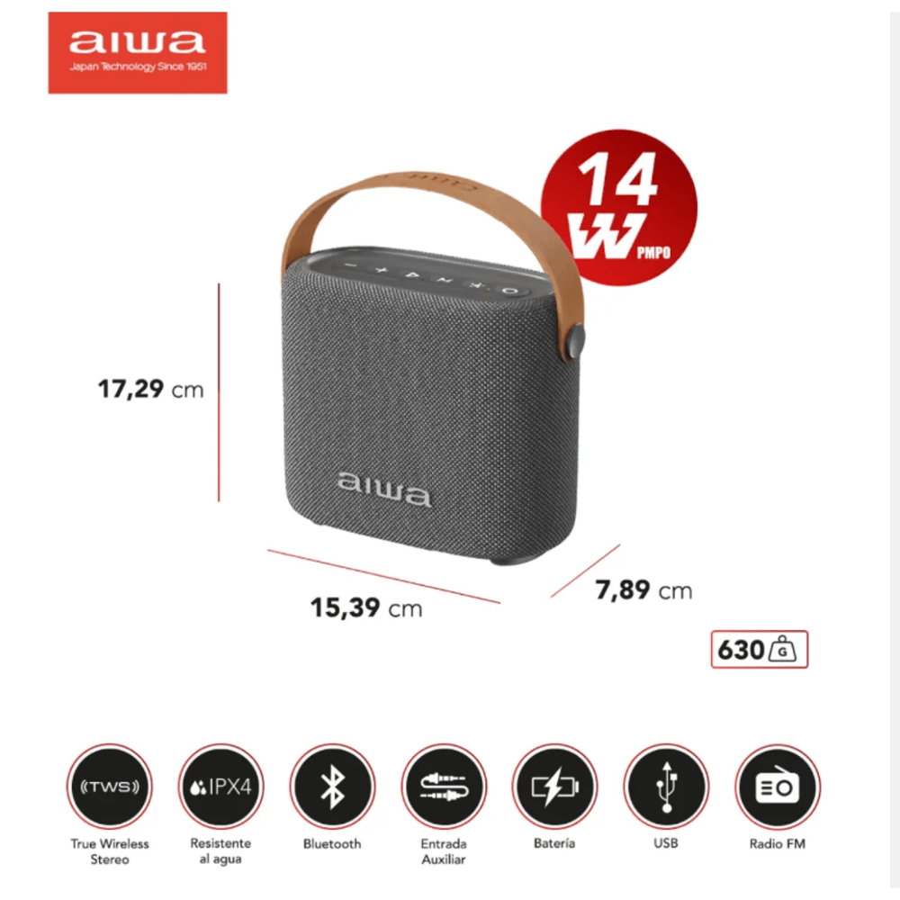 Imagen 2 del producto Parlante bluetooth Aiwa AWS70BTGC, 7W, resistente al agua IPX4, hasta 3.5 horas de reproducción, gris