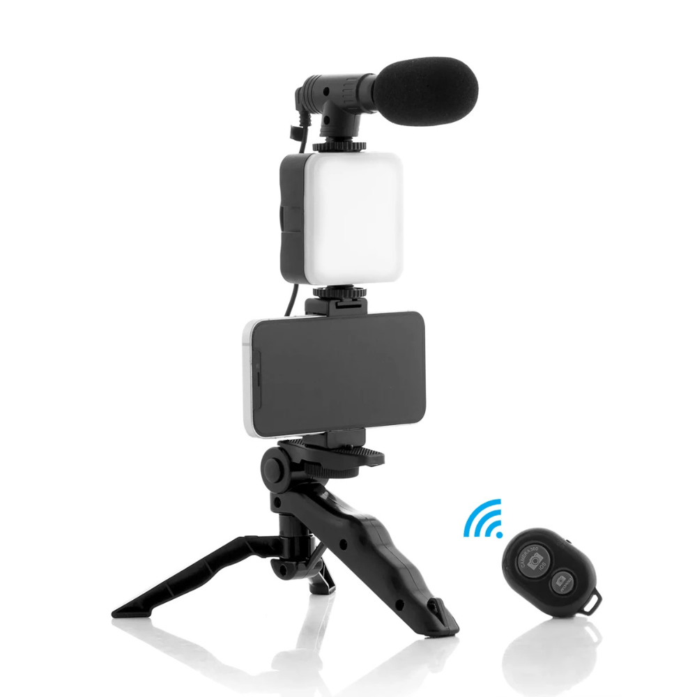 Imagen 1 del producto Kit de grabación KREED AY-49, micrófono, trípode, luz LED recargable, soporte y control Bluetooth, negro