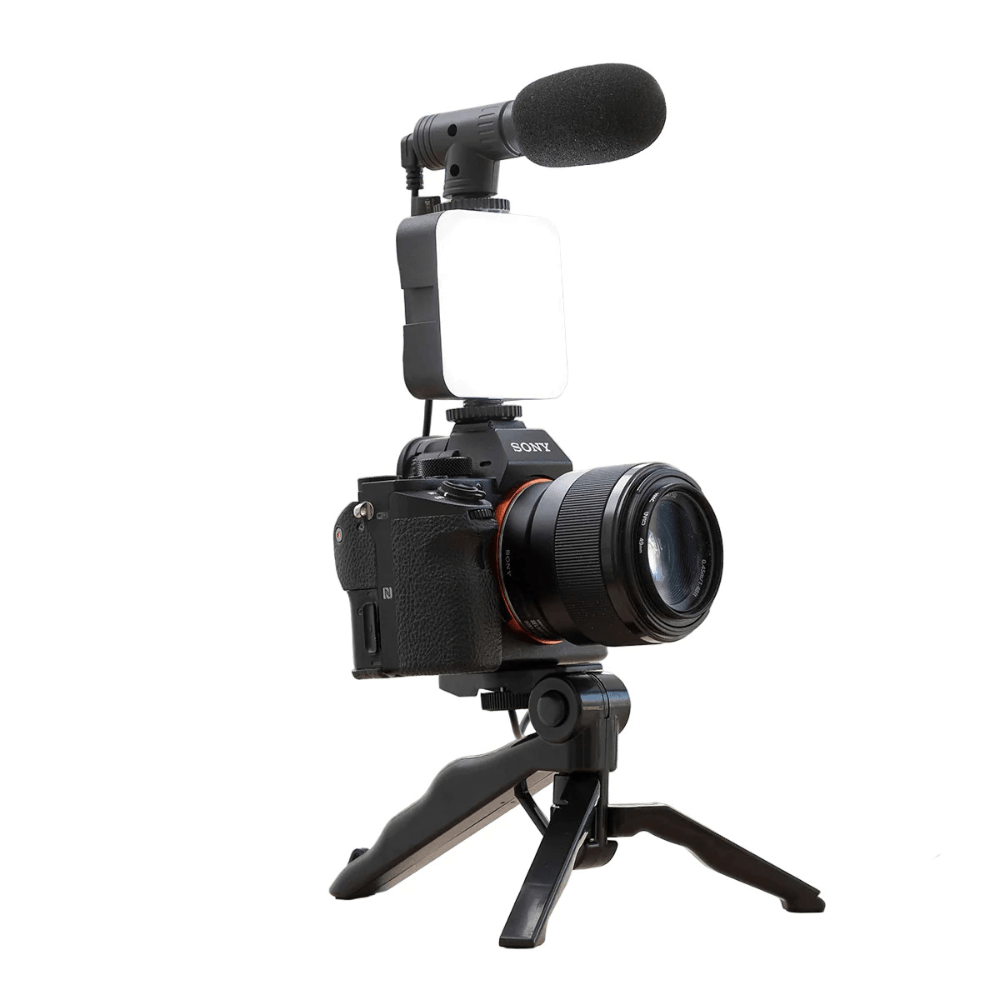 Imagen 2 del producto Kit de grabación KREED AY-49, micrófono, trípode, luz LED recargable, soporte y control Bluetooth, negro