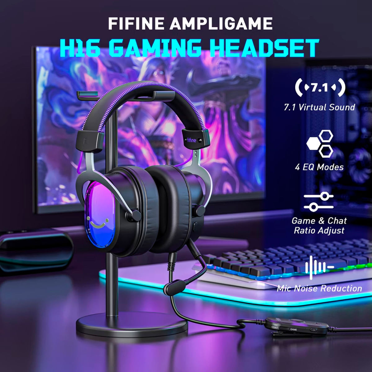 Imagen 2 del producto Audífonos gamer Fifine Ampligame H16 con micrófono, conexión USB, 32 ohms, 3 dB, PC y consolas, RGB, negro