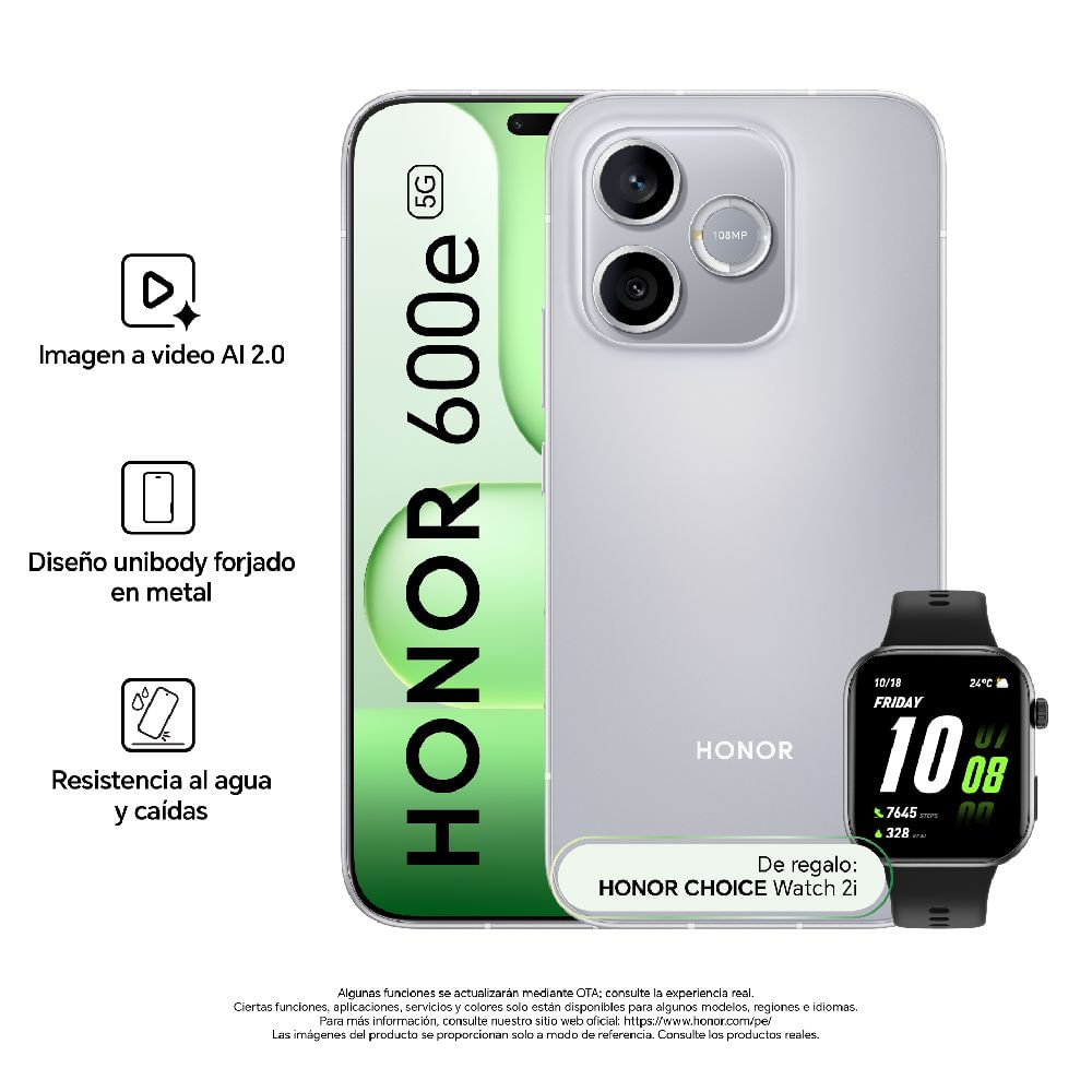 Imagen 2 del producto Celular Honor 600E 512GB, 8GB RAM, cámara trasera 108MP y frontal 16MP, 6.6"", gris + Smartwatch Honor Choice 2i