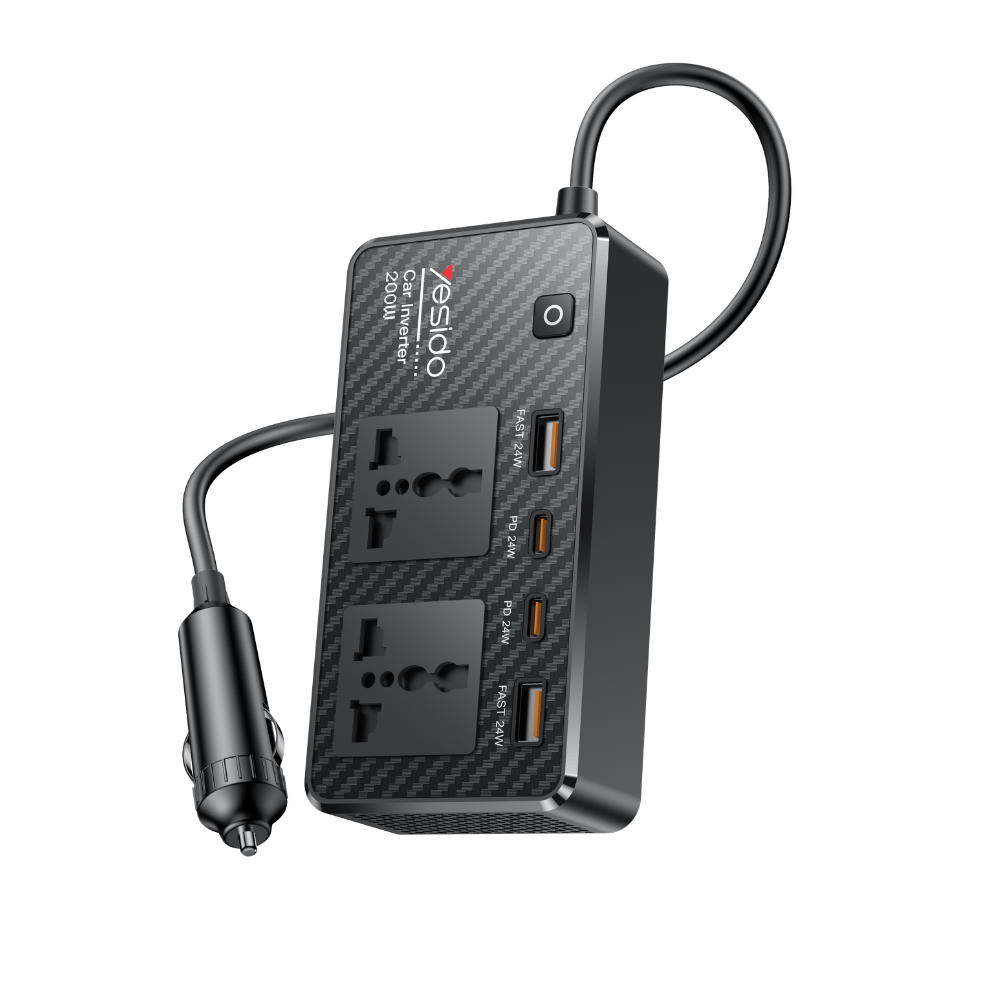 Imagen 1 del producto Inversor YESIDO VC07, 200W, 12V a 220V, 2 USB-A, 2 USB-C, carga rápida, cable 50 cm