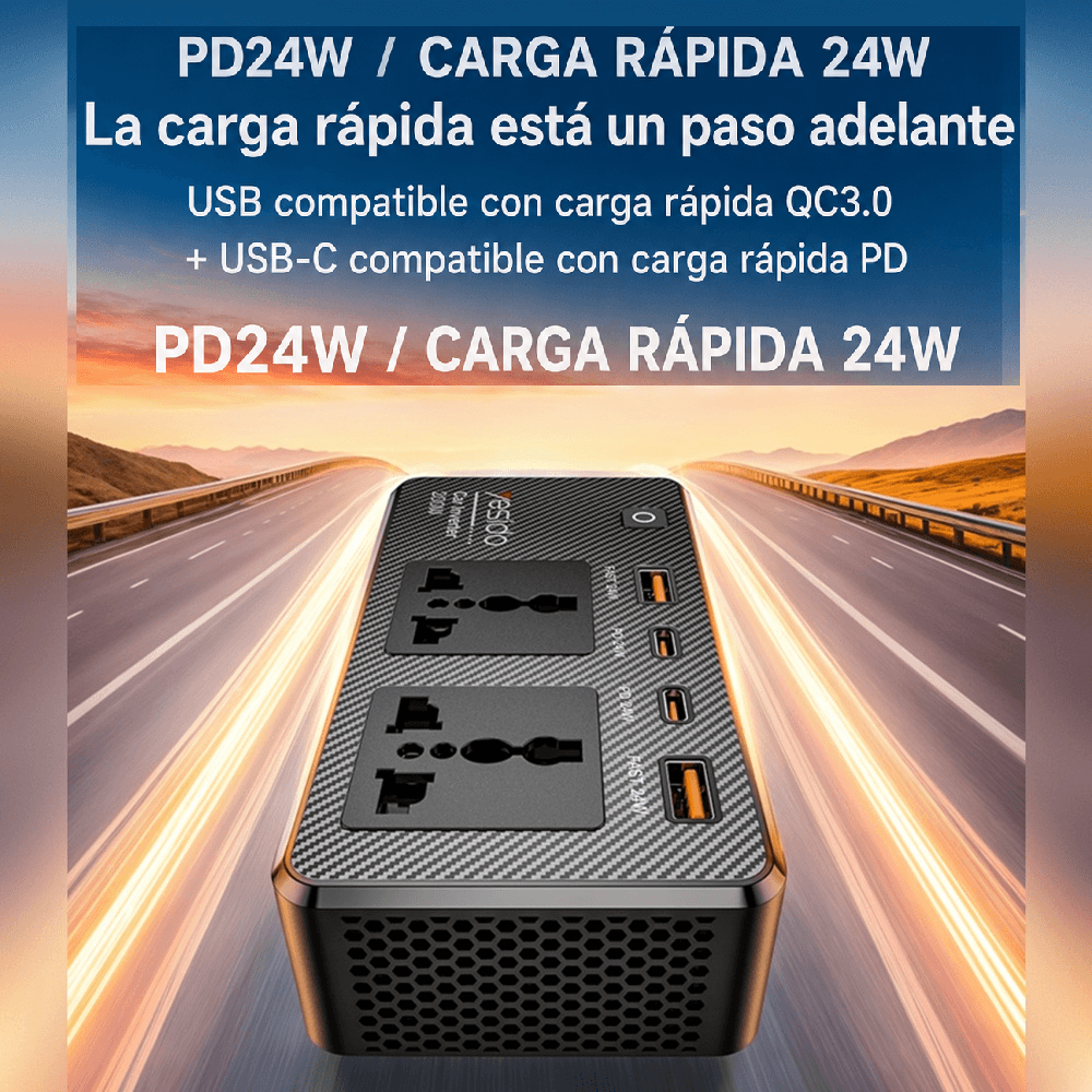 Imagen 2 del producto Inversor YESIDO VC07, 200W, 12V a 220V, 2 USB-A, 2 USB-C, carga rápida, cable 50 cm