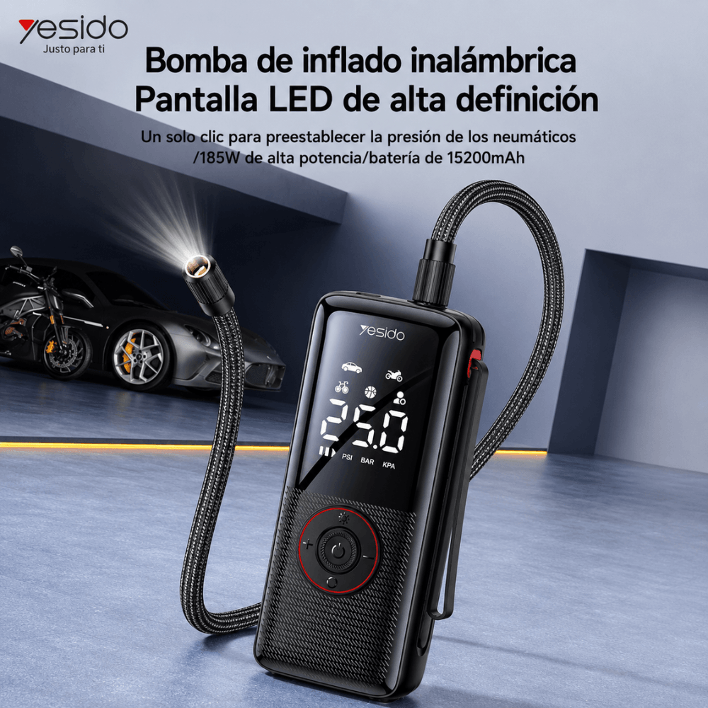Imagen 2 del producto Inflador inalámbrico YESIDO VC17, pantalla LED, batería 5200mAh, 85W, apagado automático, negro
