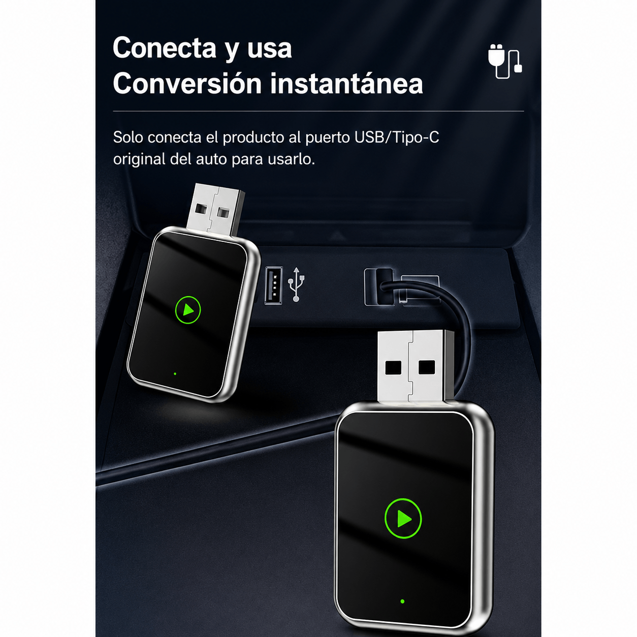 Imagen 2 del producto Adaptador inalámbrico LAESD Q1J, CarPlay y Android Auto, WiFi 6, Bluetooth, USB, Plug & Play, negro