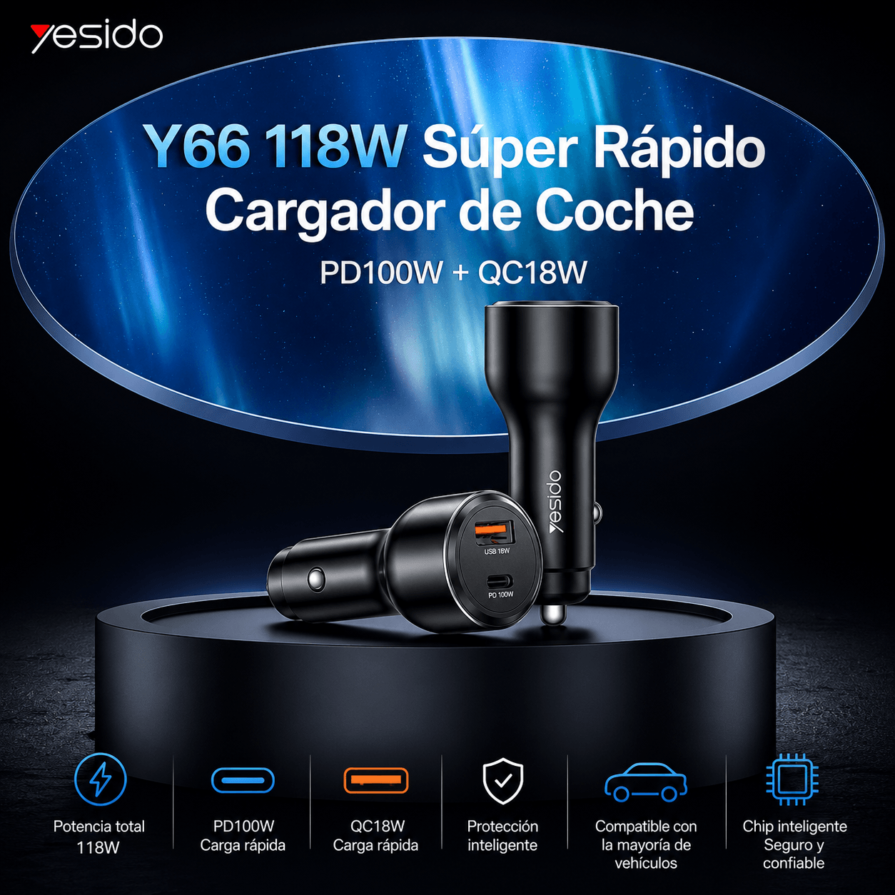 Imagen 2 del producto Cargador de auto YESIDO Y65, 118W, USB-C PD 100W, USB-A QC 18W, carga rápida y conector 360°, negro