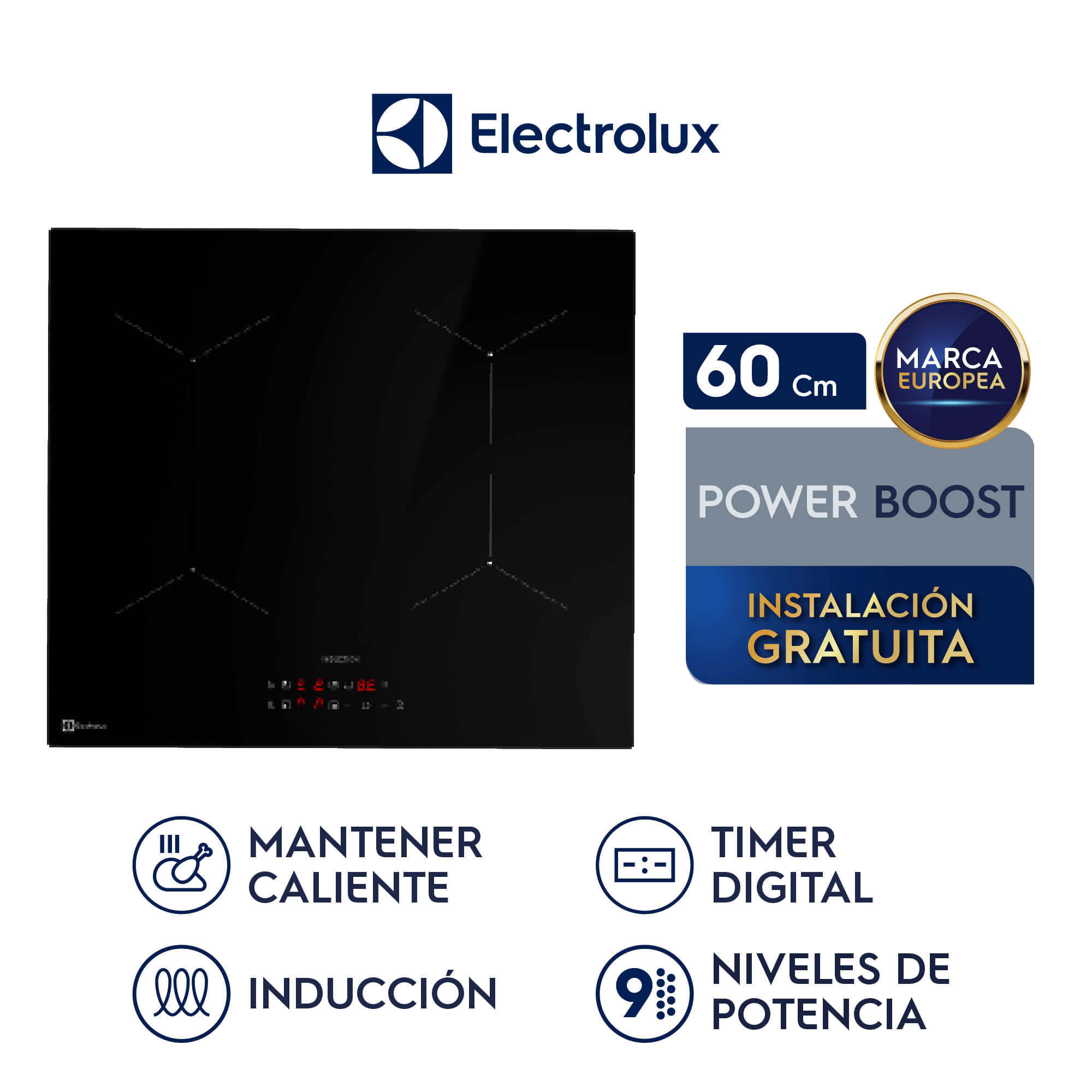 Imagen 2 del producto Encimera de inducción Electrolux IE4TW, 4 hornillas, 60 cm, 7400W, negro
