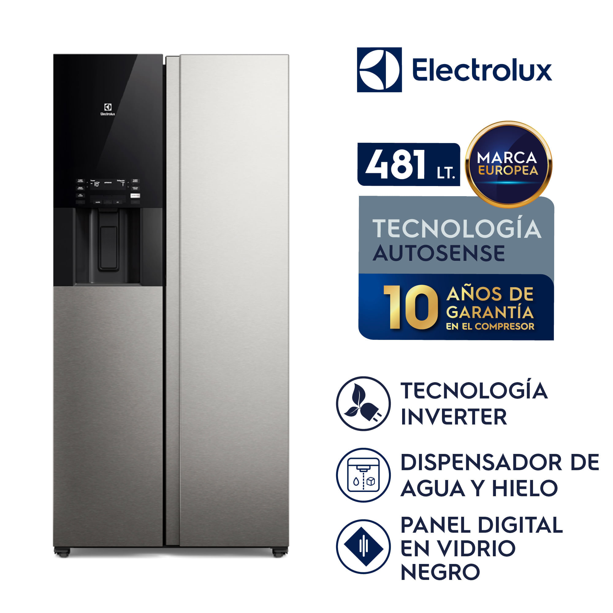Imagen 2 del producto Refrigeradora Electrolux ERS48F2P4DS Side by Side 481L AutoSense, no Frost, dispensador de agua y hielo, gris