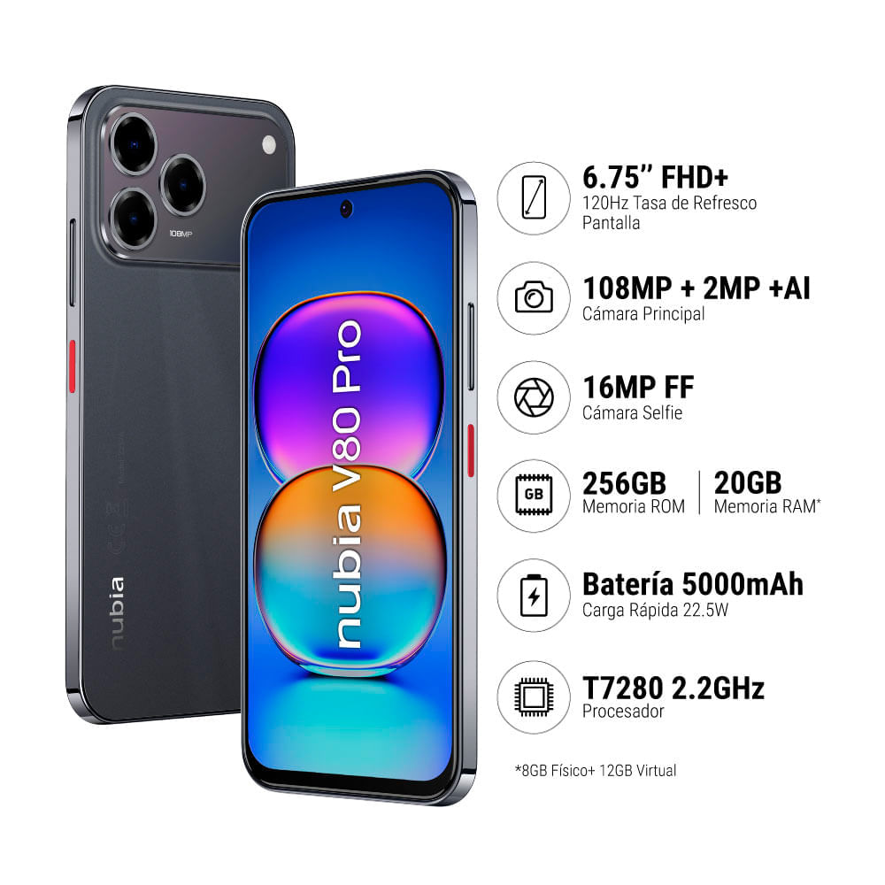 Imagen 2 del producto Celular ZTE Nubia V80 Pro 5G 256GB, 8GB RAM, cámara trasera 108MP y frontal 16 MP, 6.75"", negro