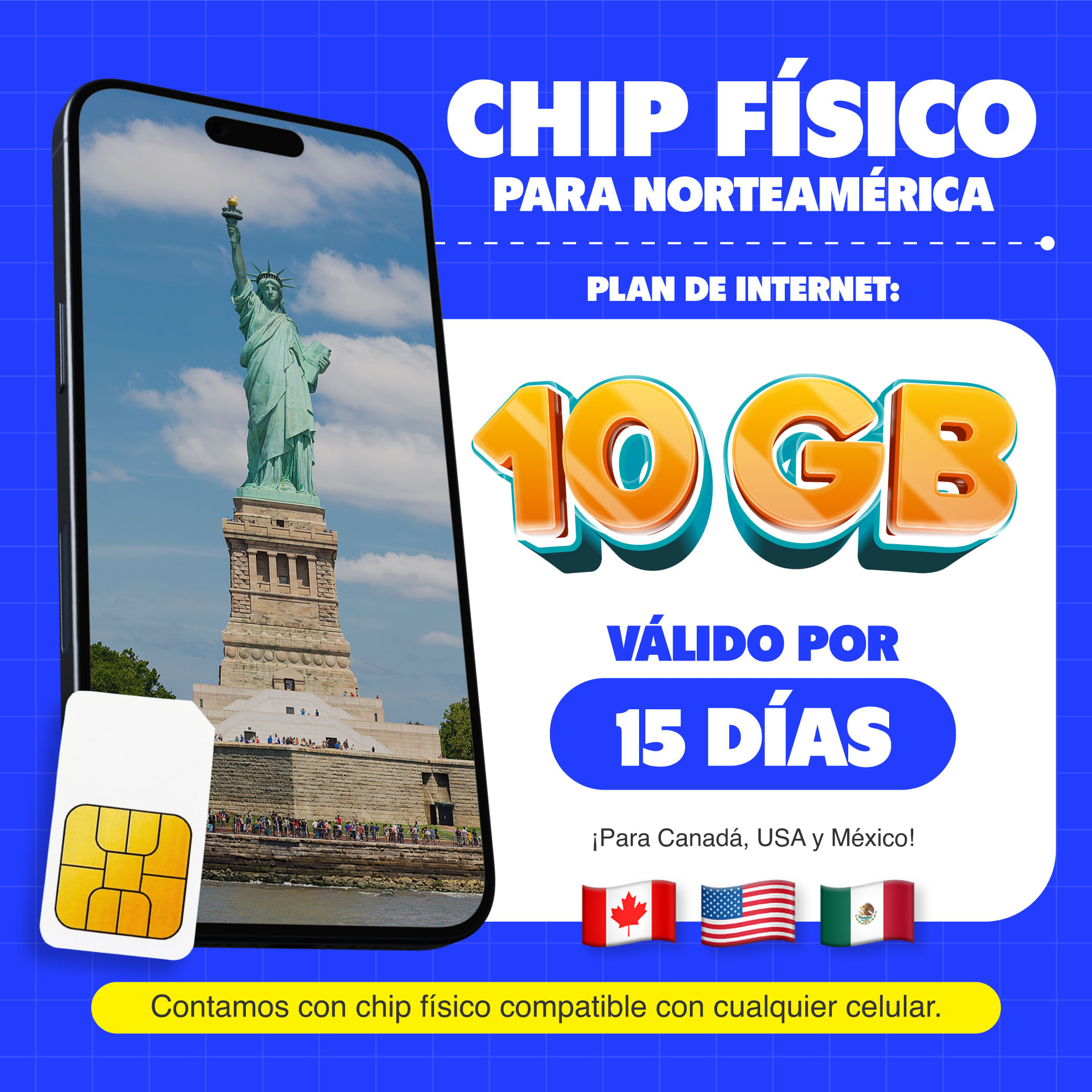 Imagen 2 del producto Chip físico MIFI Norteamérica, 10GB, 15 días, solo datos, SIM Mini/Micro/Nano, para celular liberado