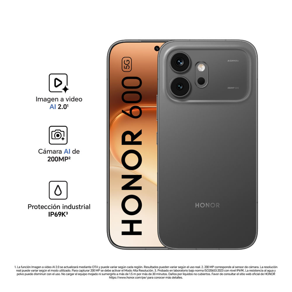 Imagen 2 del producto Celular honor 600 5G 512GB, 8GB RAM, cámara trasera 200MP y frontal 50MP, 6.57"", negro