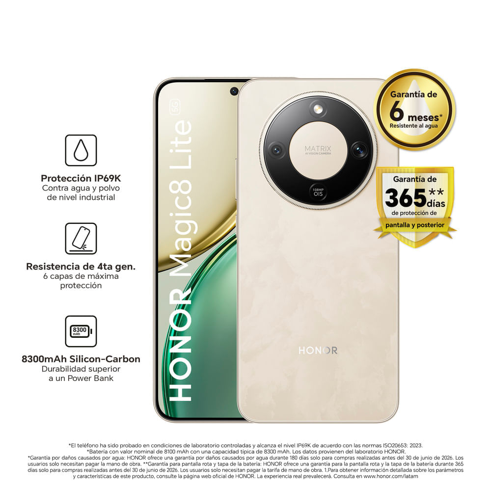 Imagen 2 del producto Celular Honor Magic 8 Lite 5G, 512GB, 8GB RAM, cámara trasera 108MP y frontal 16MP, 6.79"", dorado