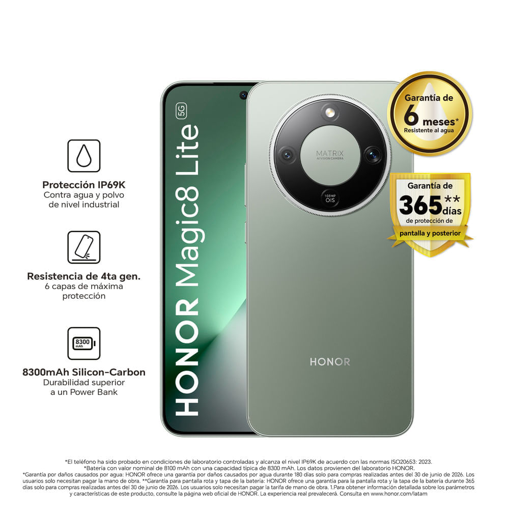 Imagen 2 del producto Celular Honor Magic 8 Lite 5G, 512GB, 8GB RAM, cámara trasera 108MP y frontal 16MP, 6.79"", verde