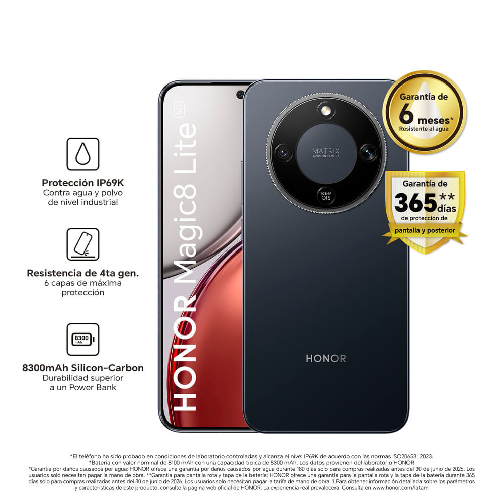Imagen 2 del producto Celular Honor Magic 8 Lite 5G, 512GB, 8GB RAM, cámara trasera 108MP y frontal 16MP, 6.79"", negro