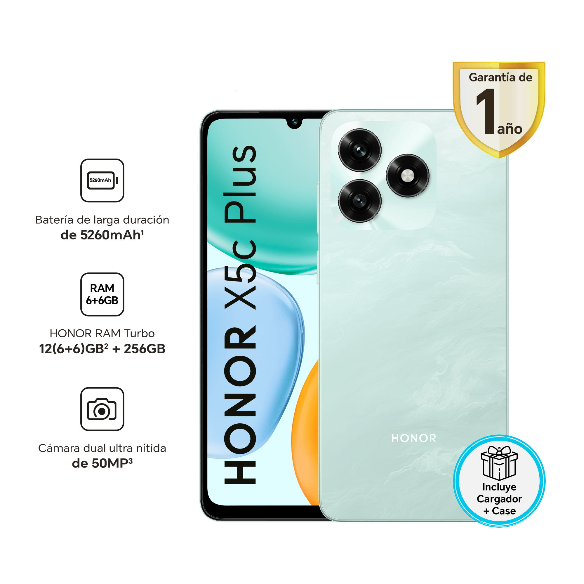 Imagen 2 del producto Celular Honor X5c Plus 4G, 256GB, 4GB RAM, cámara trasera 50MP y frontal 5MP, 6.74"", cyan