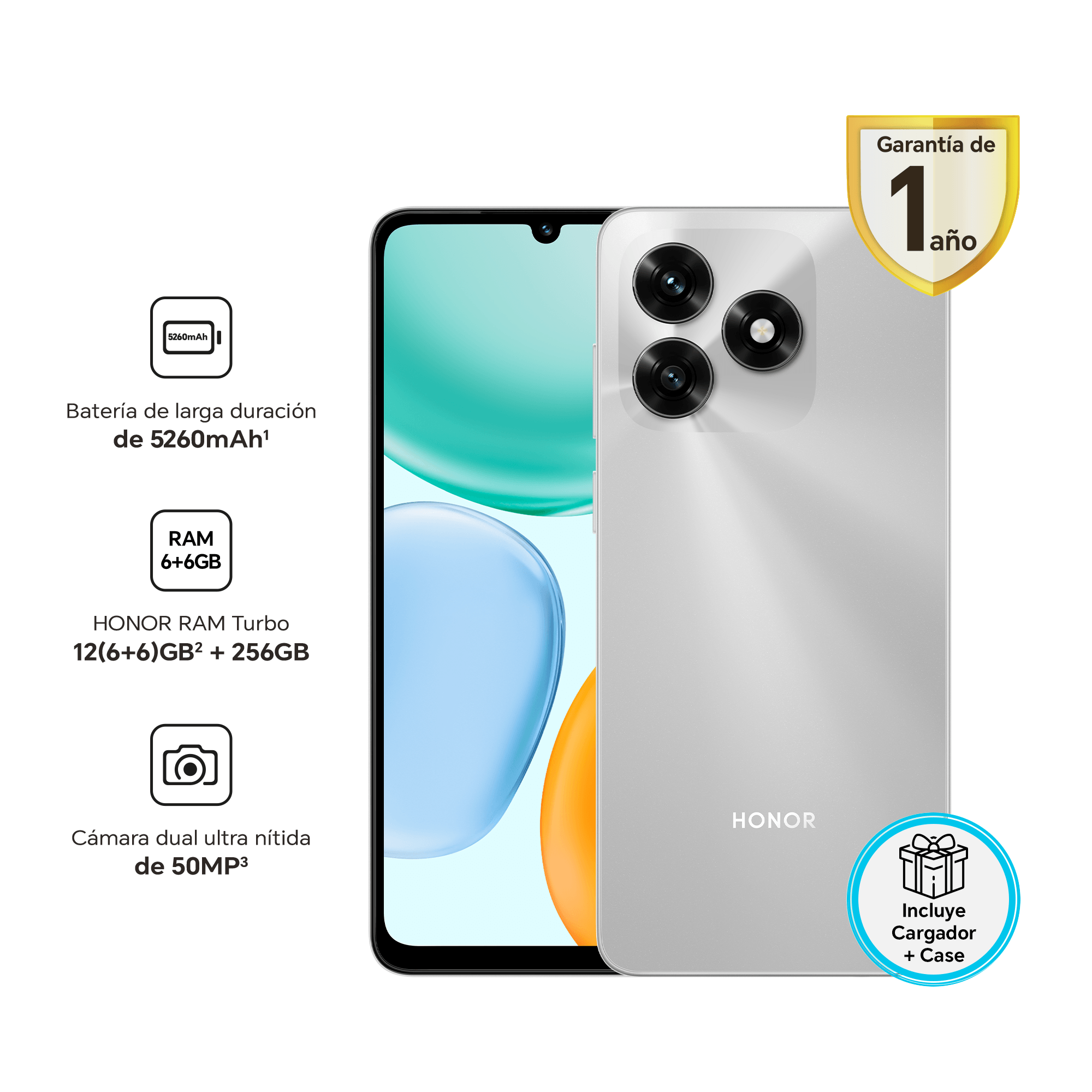 Imagen 2 del producto Celular Honor X5c Plus 4G, 256GB, 4GB RAM, cámara trasera 50MP y frontal 5MP, 6.74"", plateado