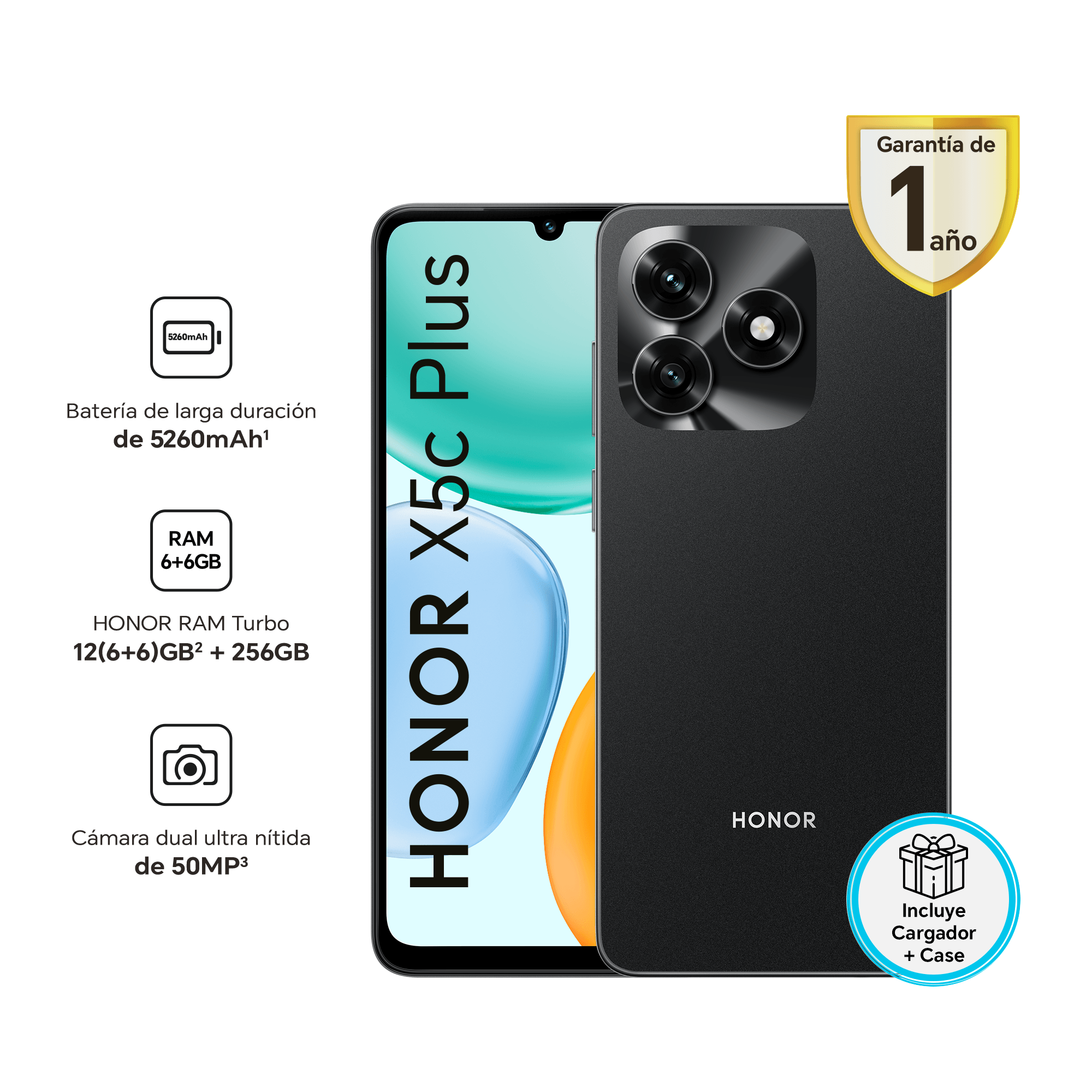 Imagen 2 del producto Celular Honor X5c Plus 4G, 256GB, 4GB RAM, cámara trasera 50MP y frontal 5MP, 6.74"", negro