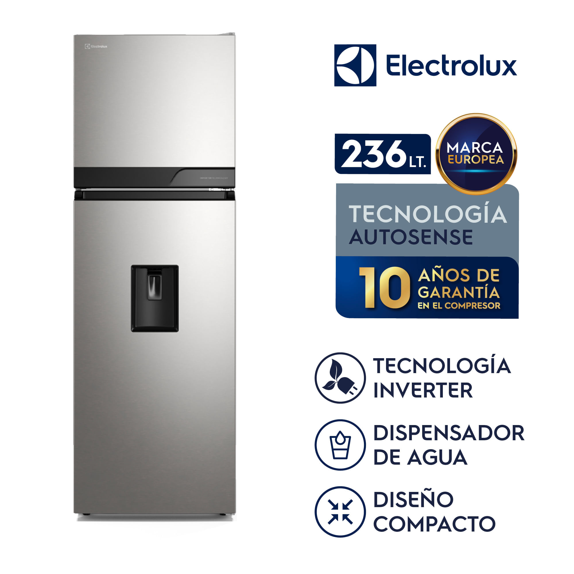 Imagen 2 del producto Refrigeradora Electrolux ERT25A2P6DS Top Freezer 236L No Frost, Inverter, dispensador de agua, plata
