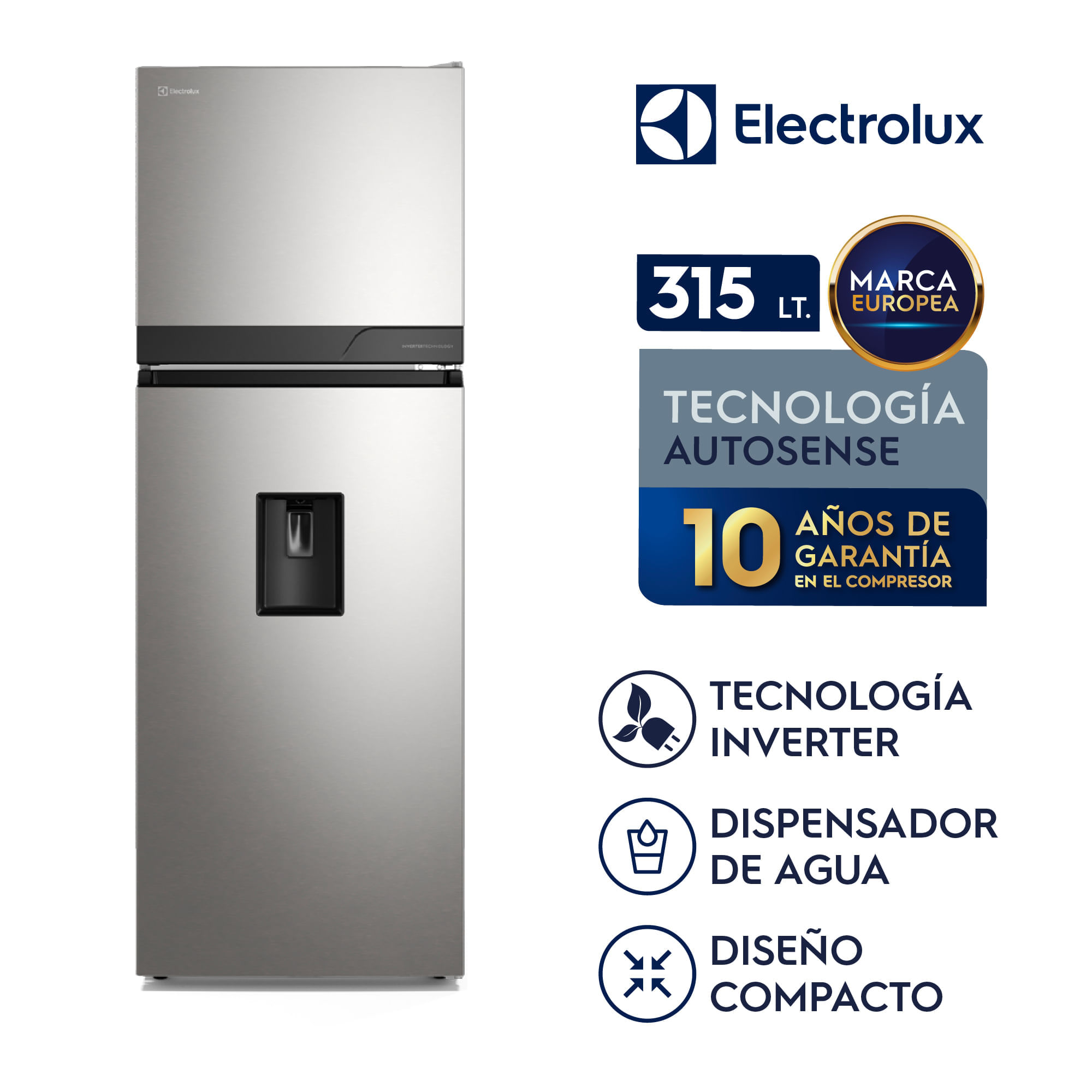 Imagen 2 del producto Refrigeradora Electrolux ERT34A2P6DS Top Freezer 315L No Frost, Inverter, dispensador de agua, plata