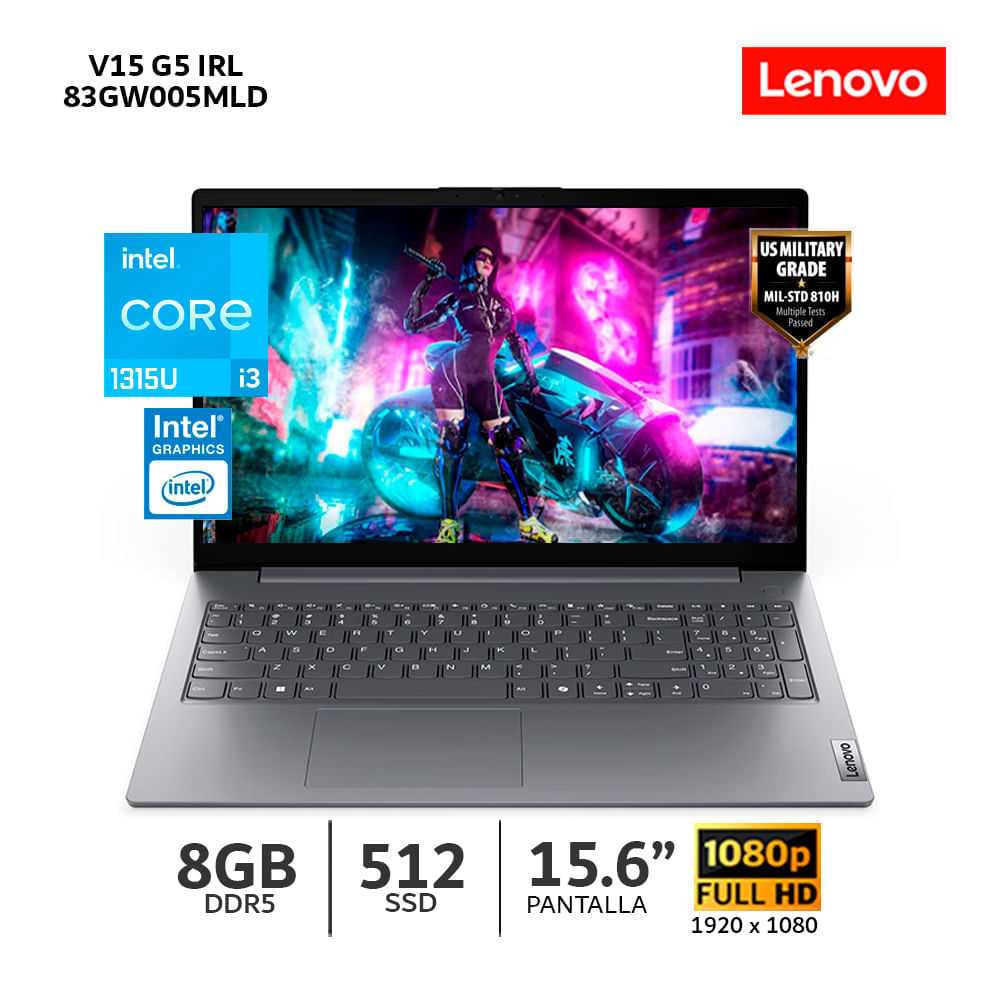 Imagen 2 del producto Laptop Lenovo V15 G5 IRU 15.6"" Intel Core i3-1315U, 512GB SSD, 8GB RAM, FreeDos - sin Sistema Operativo, negro