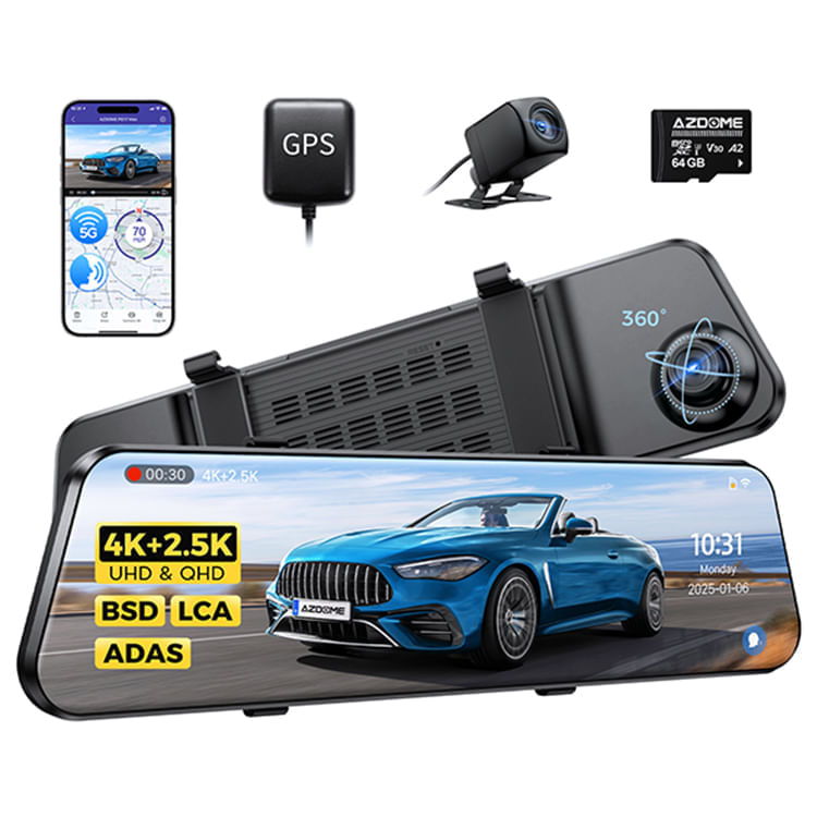 Imagen 2 del producto Cámara para auto Azdome PG17 Max tipo espejo 4K + 2.5K, GPS, Wi-Fi 5GHz, asistencia al conductor, MicroSD 64GB, negra