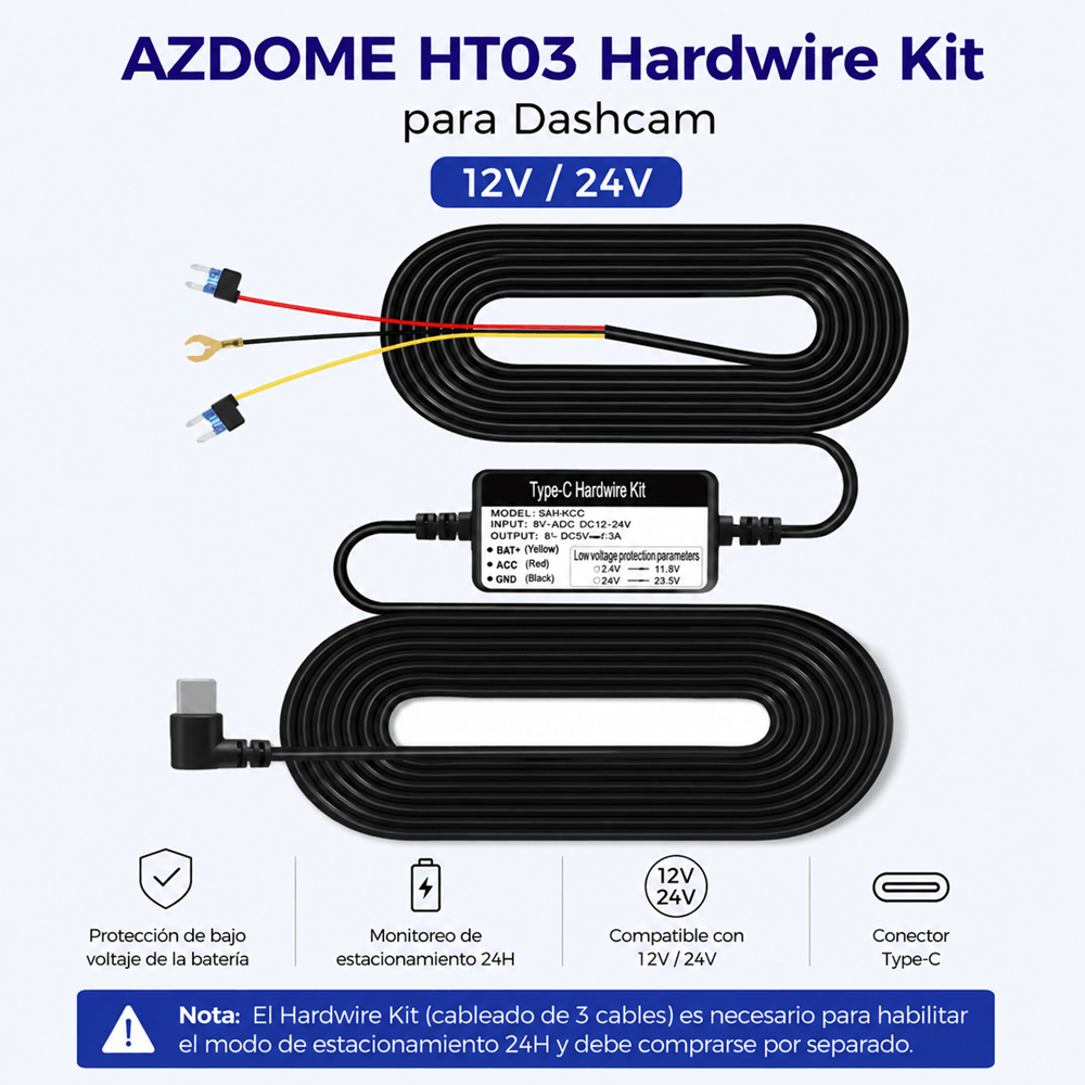 Imagen 2 del producto Kit Hardwire Azdome HT03 USB Tipo-C para dashcam 12V/24V, 5V/2.5A, protección de batería, negro