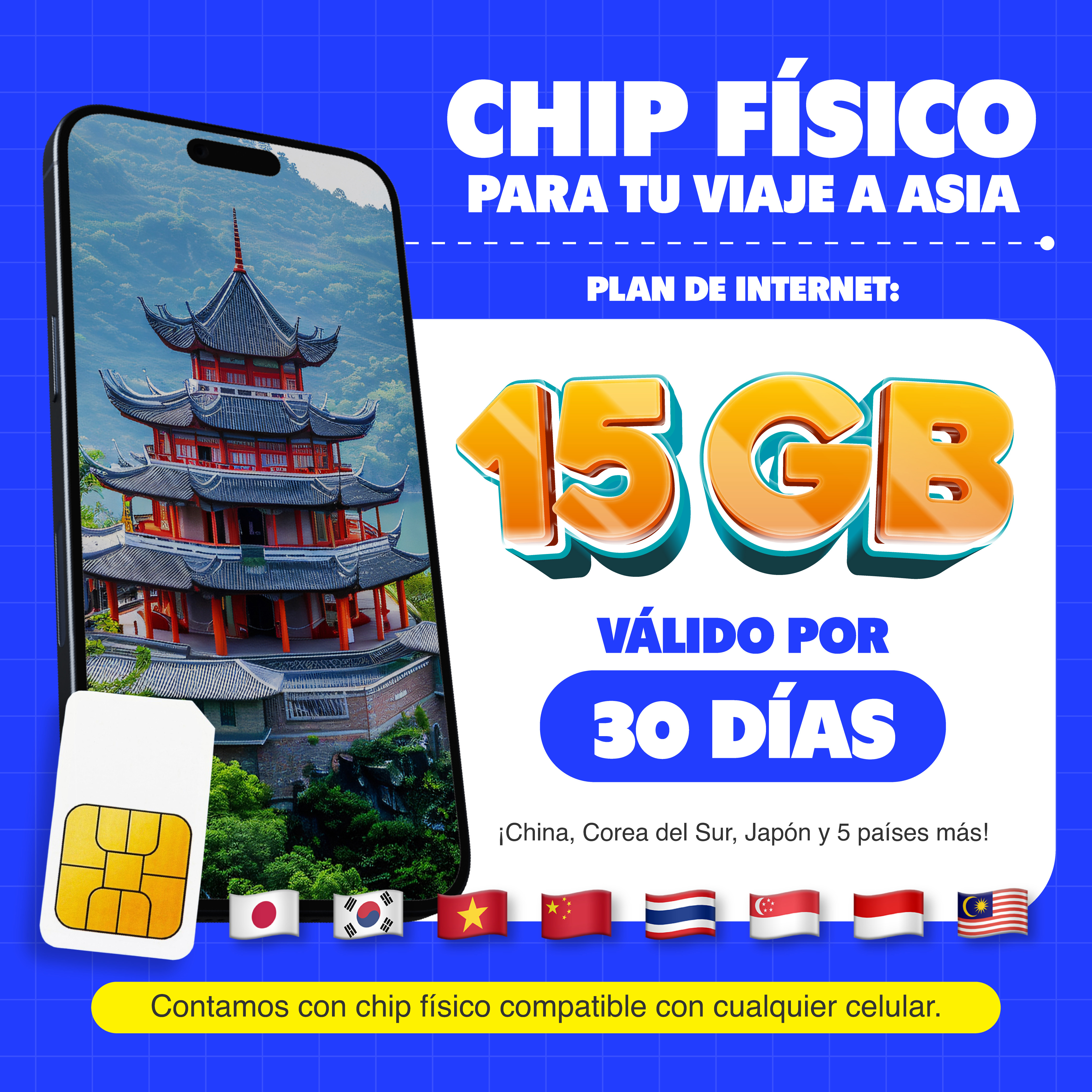 Imagen 2 del producto Chip físico MIFI Asia 8 países, 15GB, 30 días o hasta agotar datos, solo datos, para celular liberado