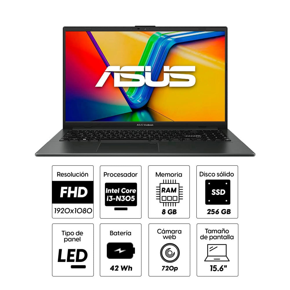 Imagen 2 del producto Laptop Asus Vivobook Go 15.6"" Intel Core i3-N305, 256GB, 8GB RAM DDR4, Win 11, negro (reempacado)