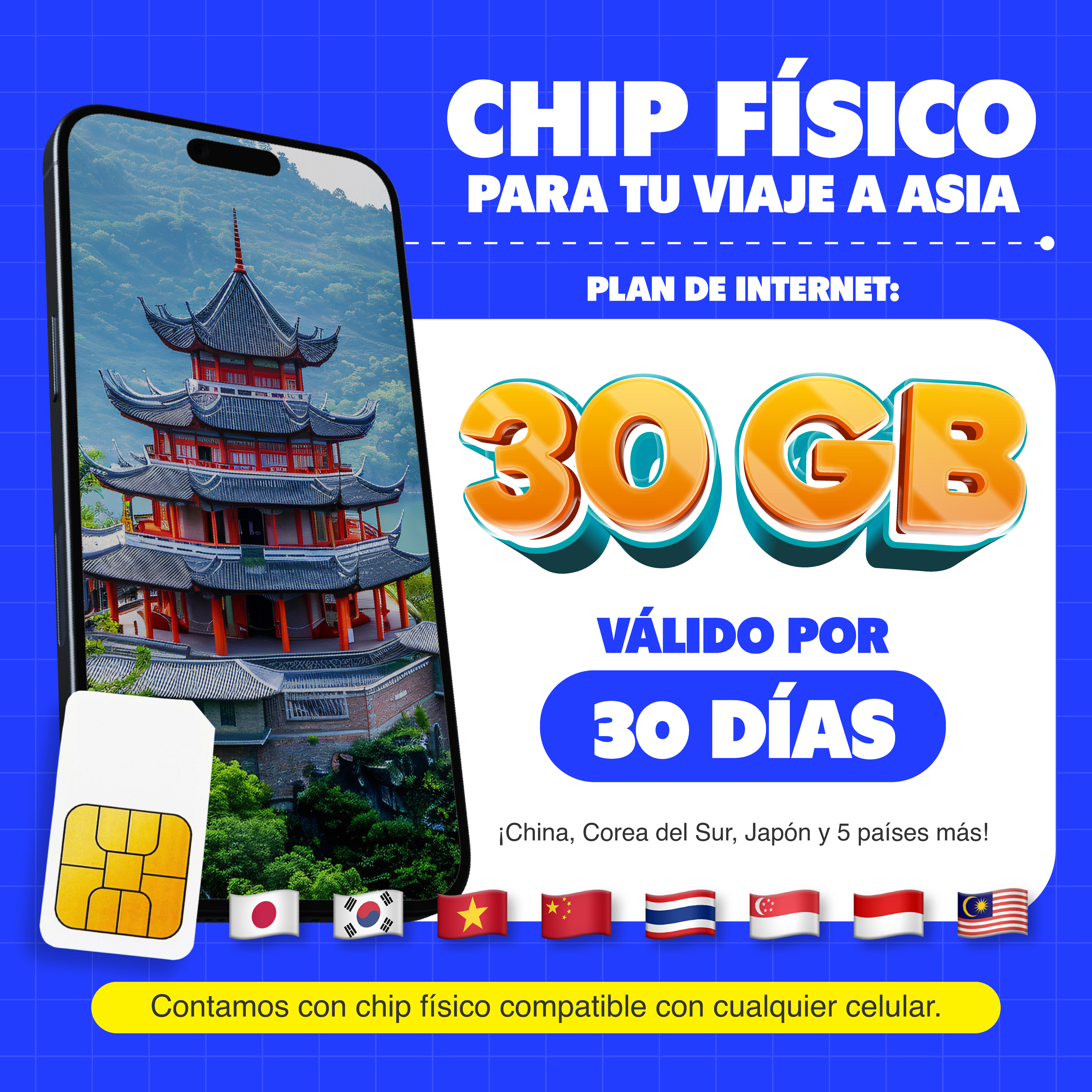 Imagen 2 del producto Chip físico MIFI Asia 8 países, 30GB, 30 días o hasta agotar datos, solo datos, para celular liberado