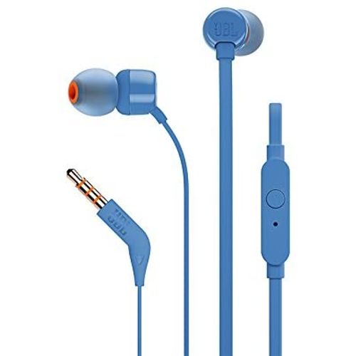 Audífonos in ear con micrófono JBL T110 cable plano, conector 3.5 mm, control de música y llamadas, azul