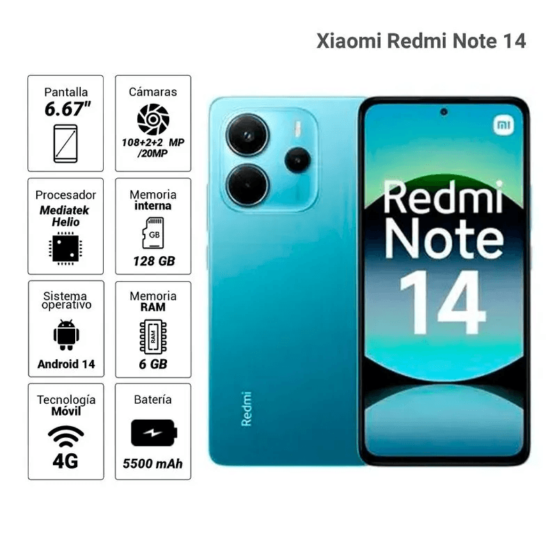 Imagen 2 del producto Celular Xiaomi Redmi Note 14 256GB, 8GB RAM, cámara trasera 108MP, frontal 20MP, 6.67"", azul