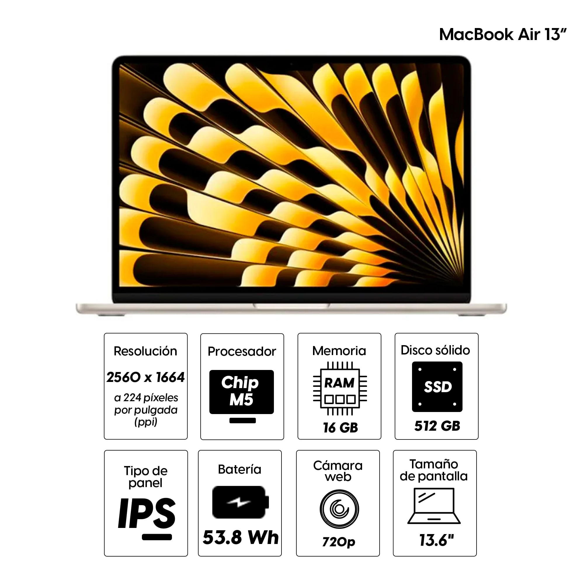 Imagen 2 del producto MacBook Air 13"" Chip M5, 512GB SSD, 16GB RAM, macOS, pantalla Liquid Retina, ultradelgada, starlight