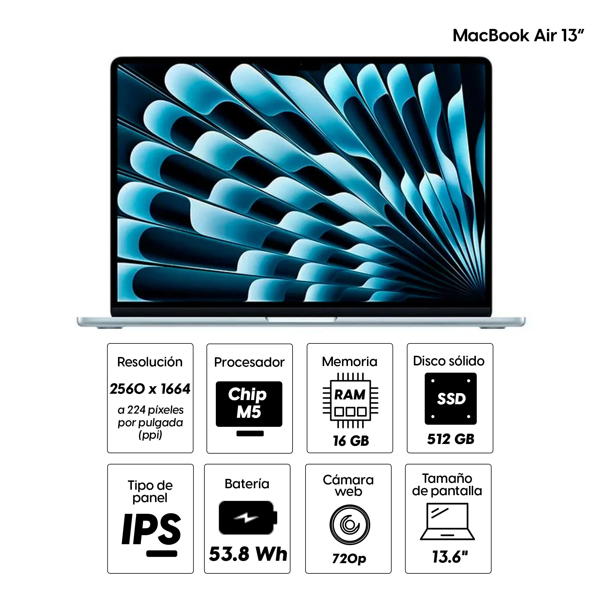 Imagen 2 del producto MacBook Air 13"" Chip M5, 512GB SSD, 16GB RAM, macOS, teclado inglés, sky blue