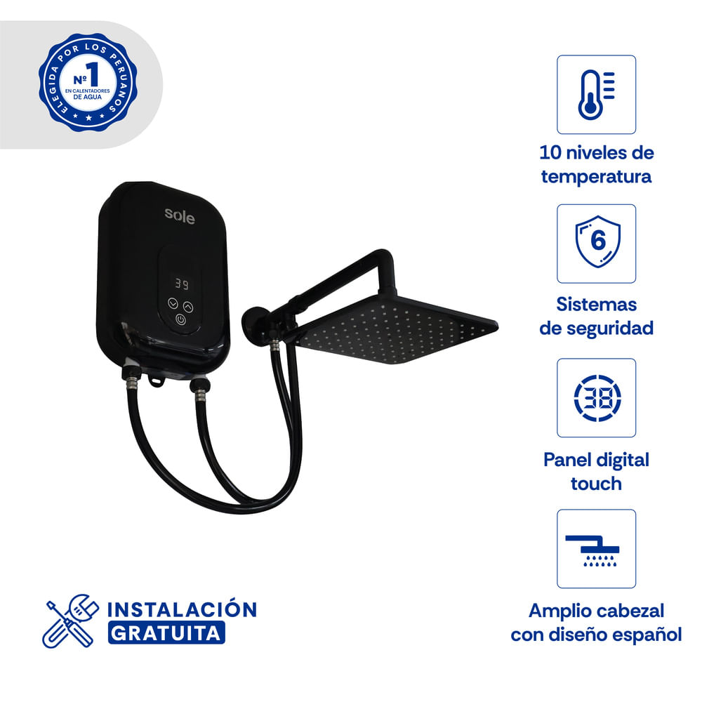 Imagen 2 del producto Rapiducha Sole Españolita 5.5kW con accesorios, panel touch, 10 niveles, ducha española 20 x 20 cm, negra