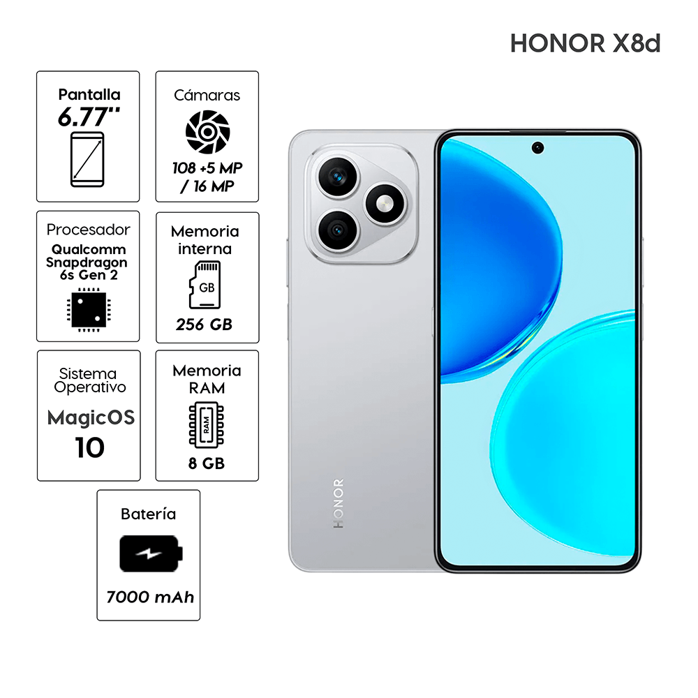 Imagen 2 del producto Celular HONOR X8d 256GB, 8GB RAM, cámara trasera 108MP, frontal 16MP, pantalla 6.77"", Grey