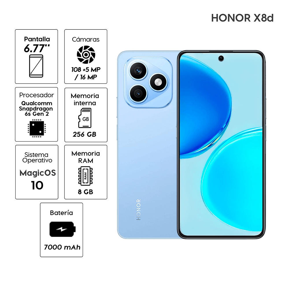 Imagen 2 del producto Celular HONOR X8d 256GB, 8GB RAM, cámara trasera 108MP, frontal 16MP, pantalla 6.77"", Azul Claro